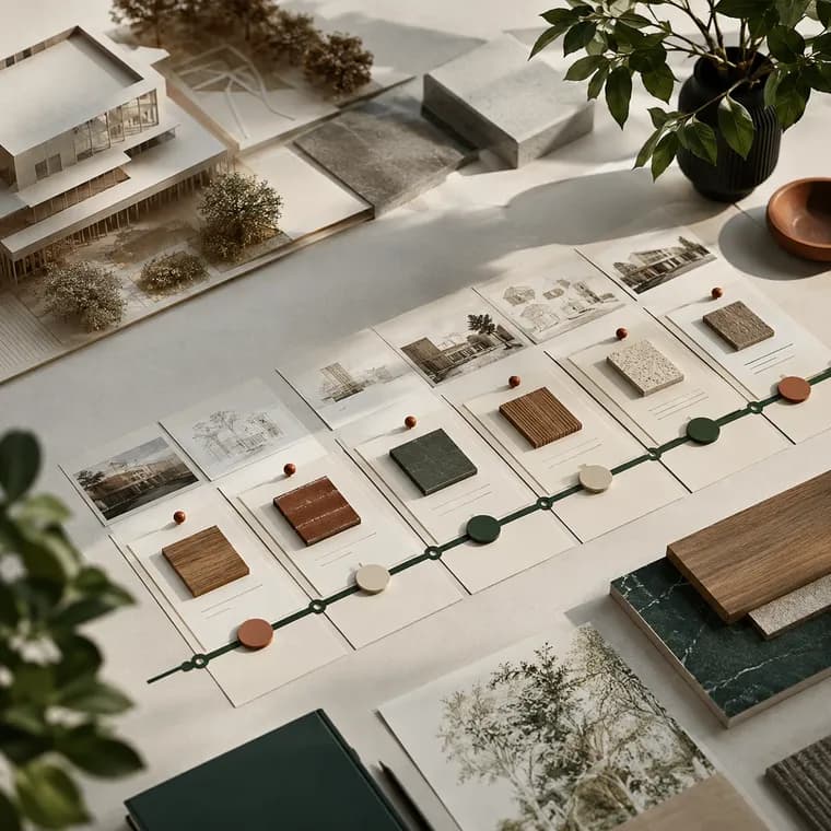 Project timeline with plans and material samples