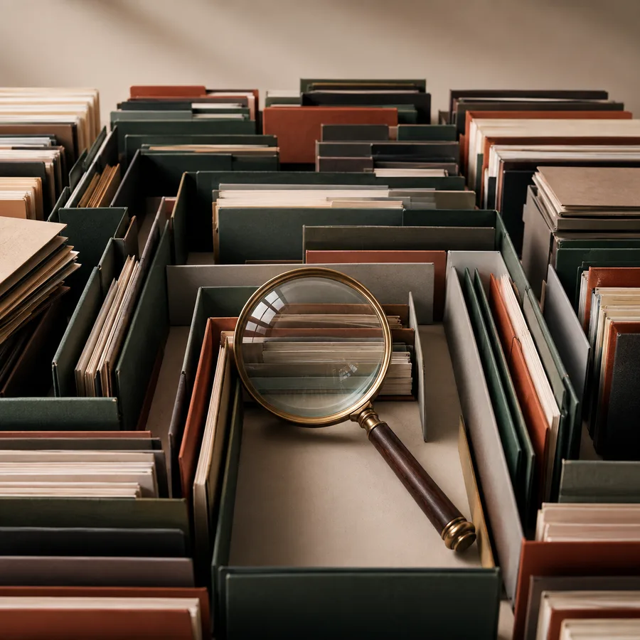 Magnifying glass among rows of business files