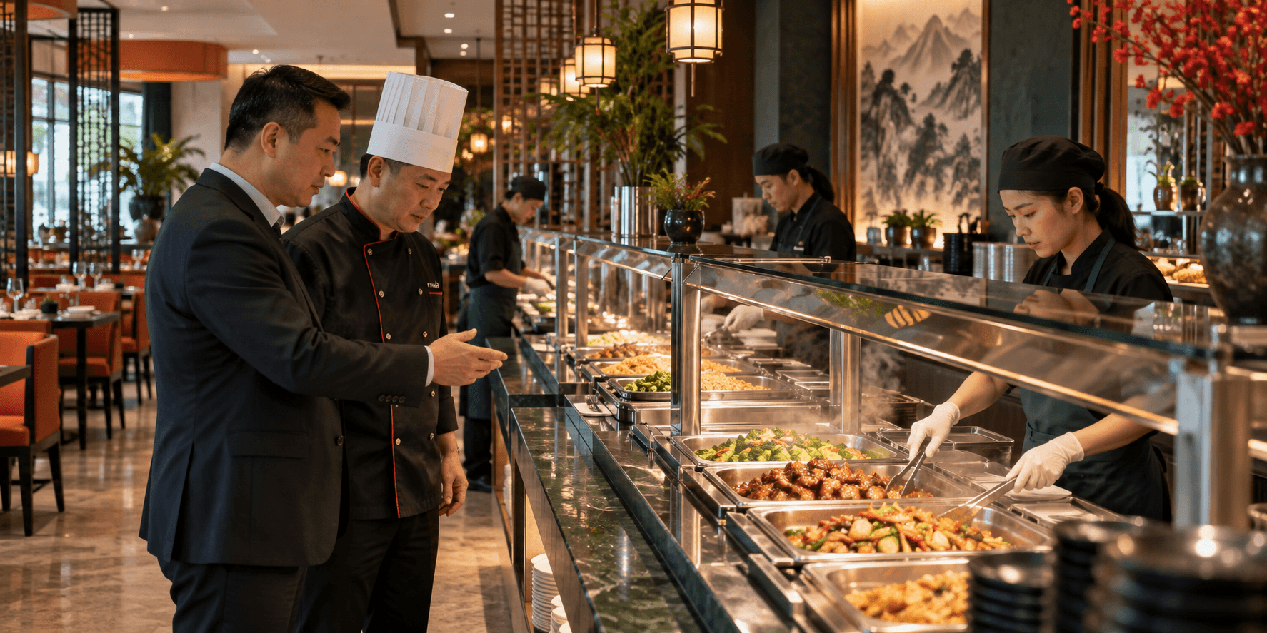 Chinese buffet manager and chef reviewing buffet replenishment