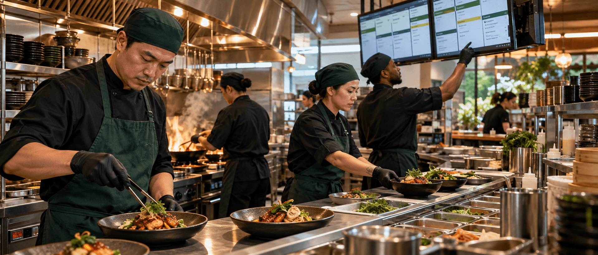 Make-to-order restaurant kitchen coordinating freshly prepared orders
