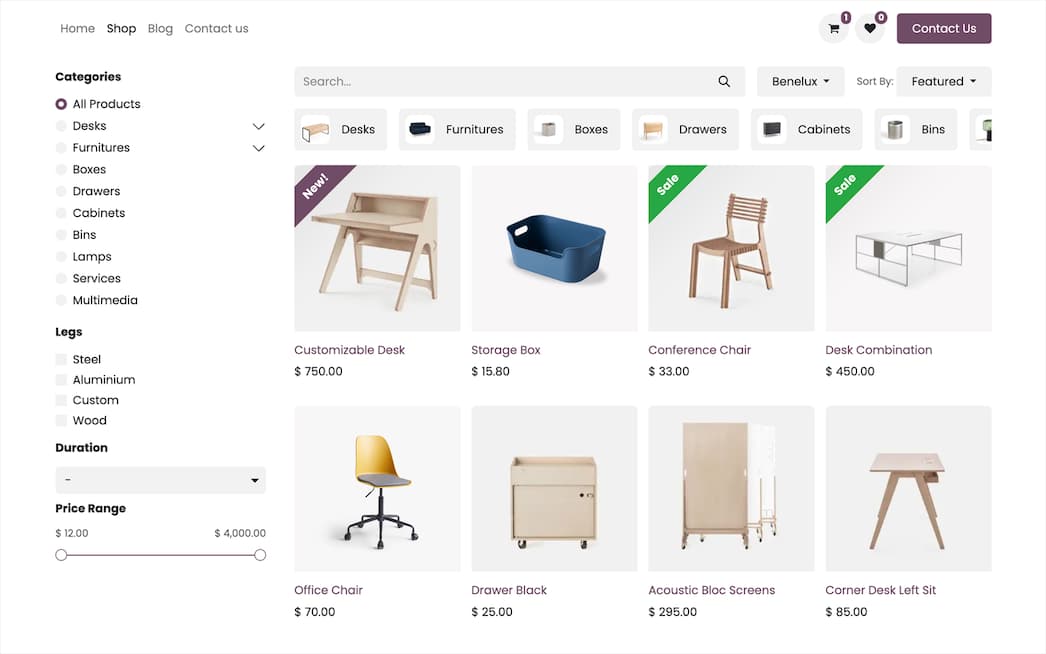 Odoo ecommerce storefront and product page