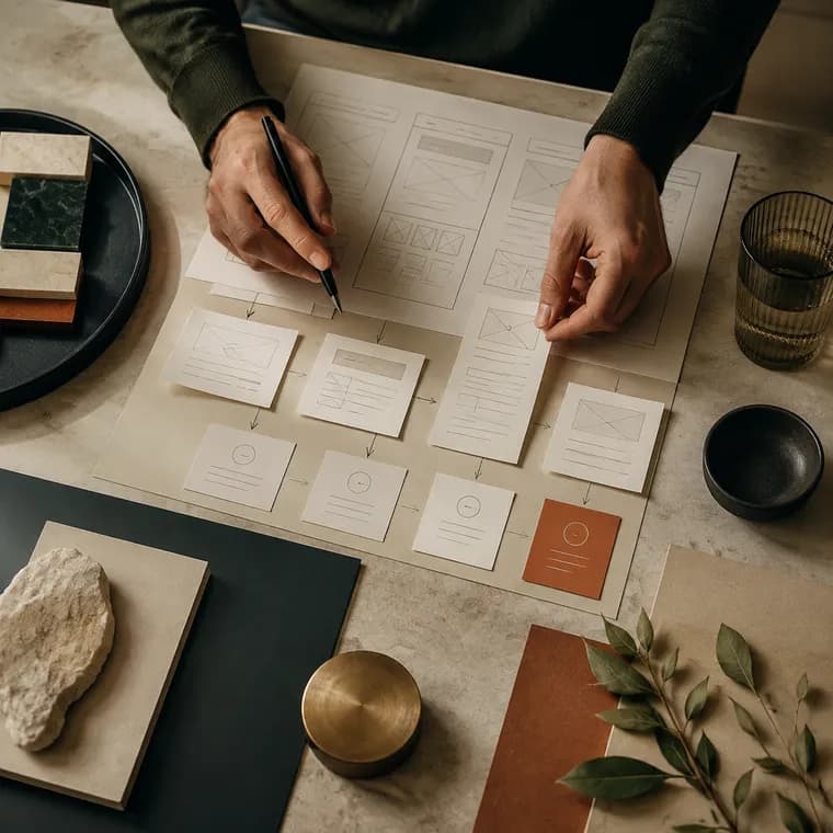 Designer arranging website wireframes and a customer journey